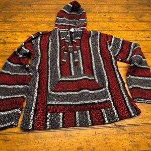 Earthbound Trading Co Baja Hoodie Pullover Striped Red Grey White Black Size M‎